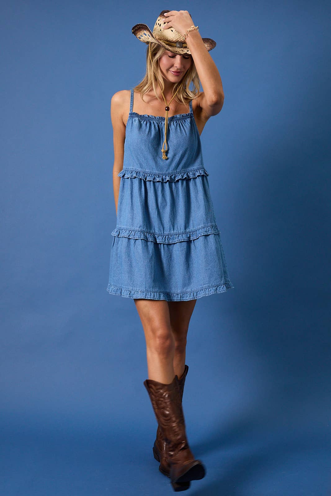 Sleeveless Ruffle Detail Denim Mini Dress