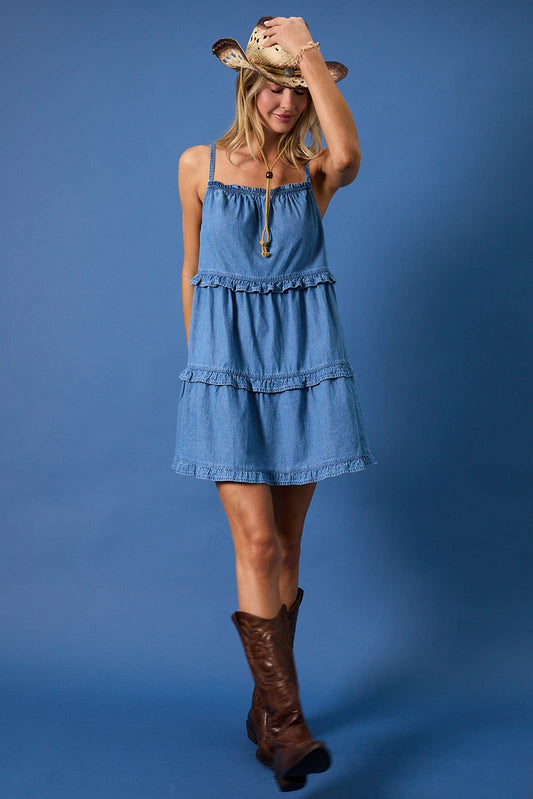 Sleeveless Ruffle Detail Denim Mini Dress