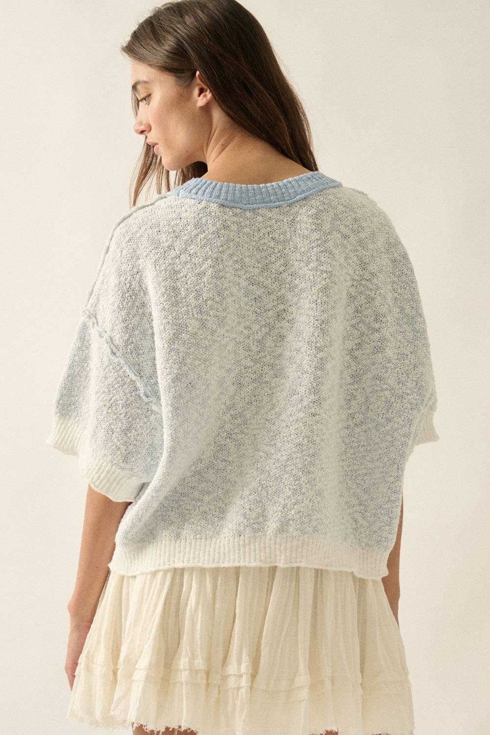 Three Fishes Textured Jacquard-Knit Short-Sleeve Sweater