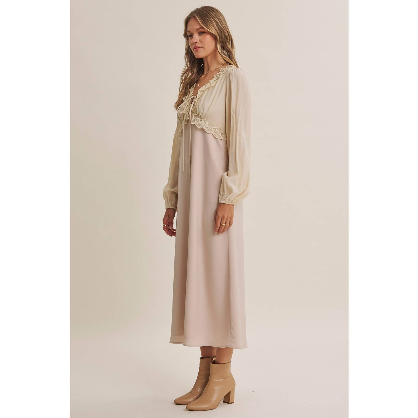 Champagne Rose Soft Drape Fabric Mixed Romantic Midi Dress