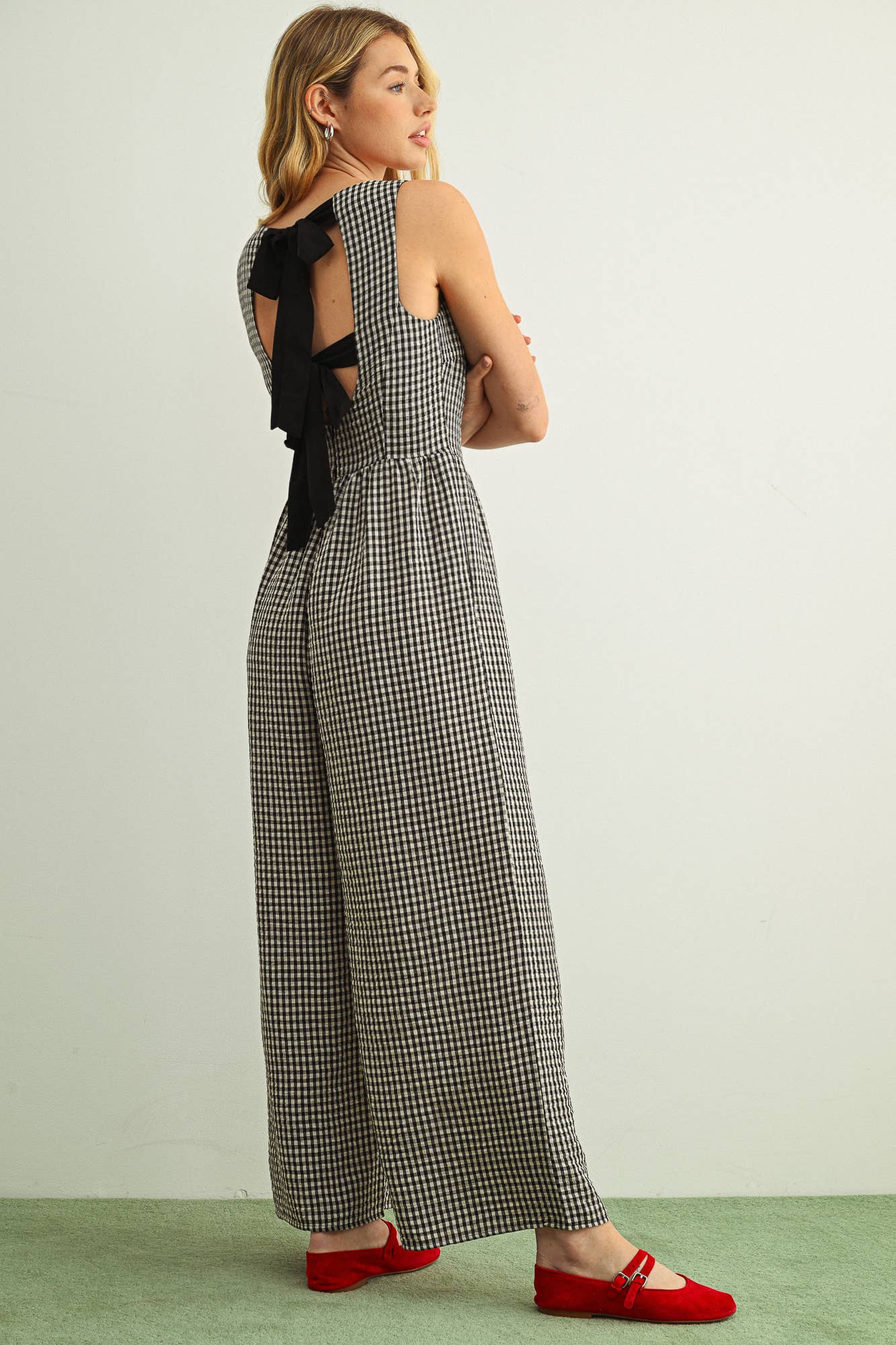 Gingham Printed Tie In The Back Jumpsuit