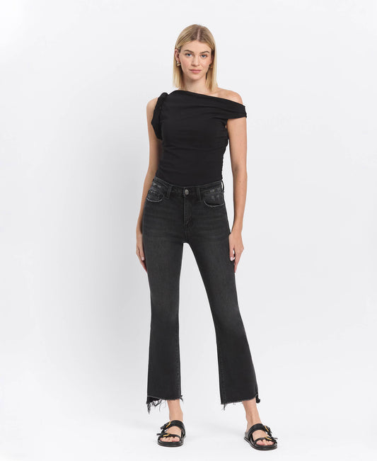 HIGH RISE RAW STEP HEM BLACK CROP FLARE JEANS