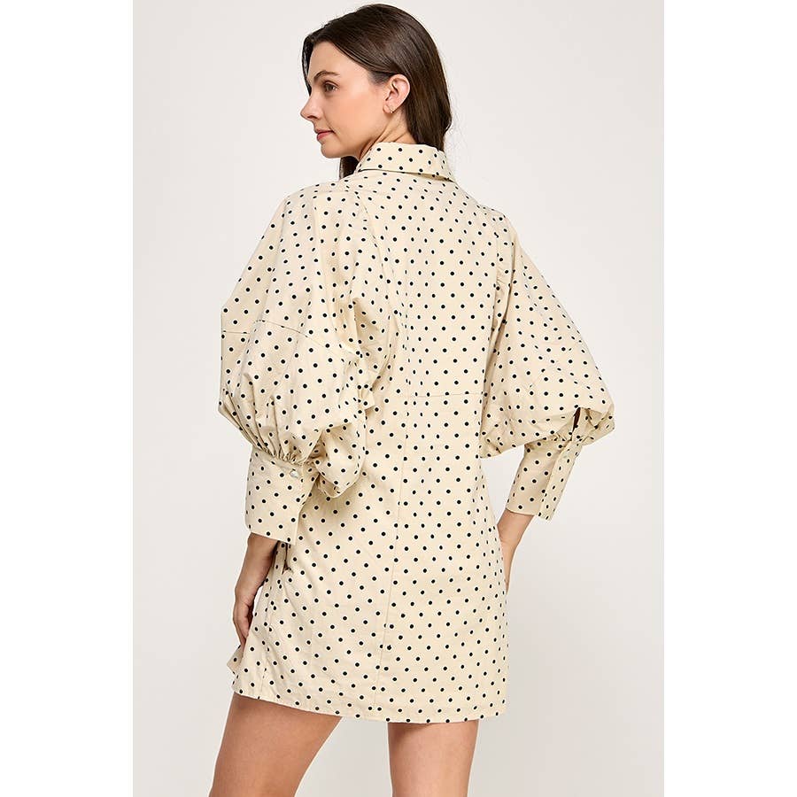 Statement Sleeve Mini Shirt Dress (Polka Dot)