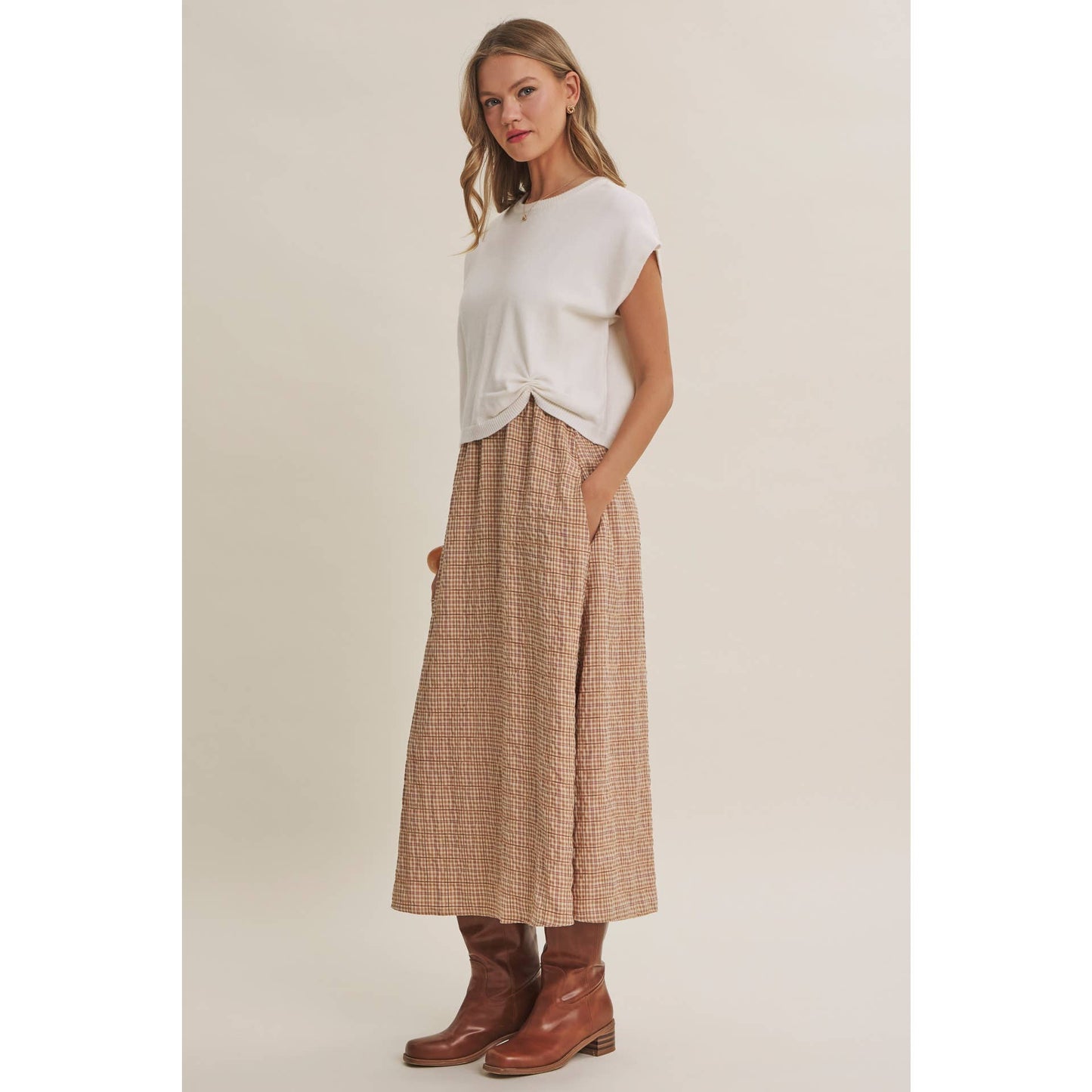 COUNTRY ROADS Gingham Bow Back Twofer Sweater Midi Dress
