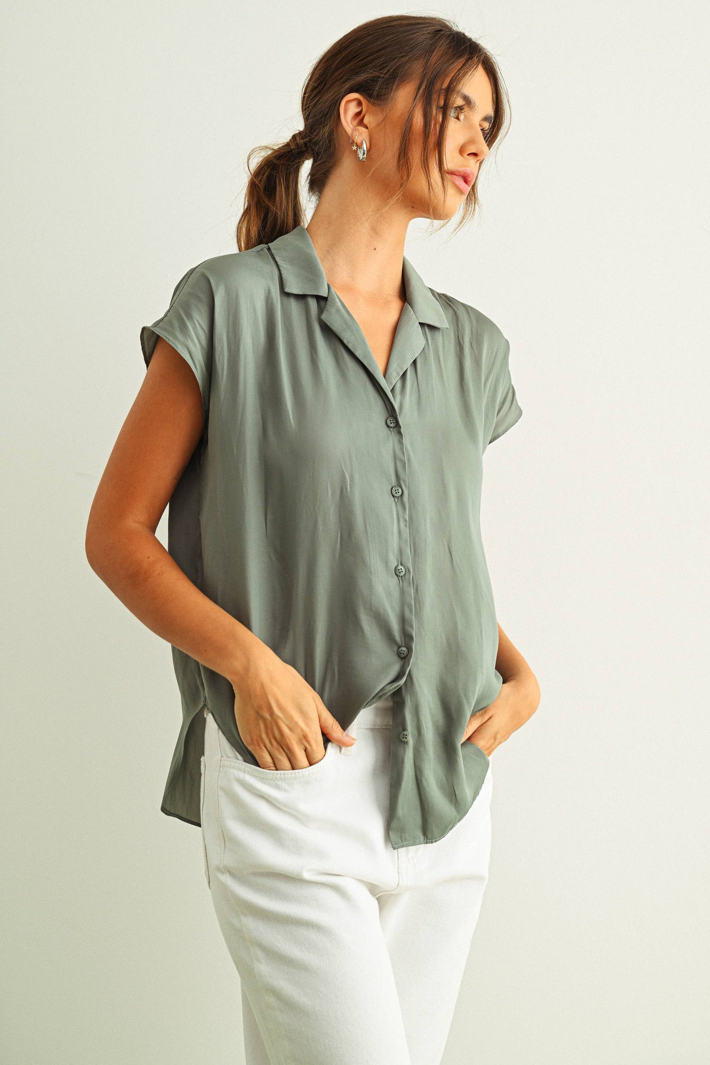 Button Down Cap Sleeve Shirts