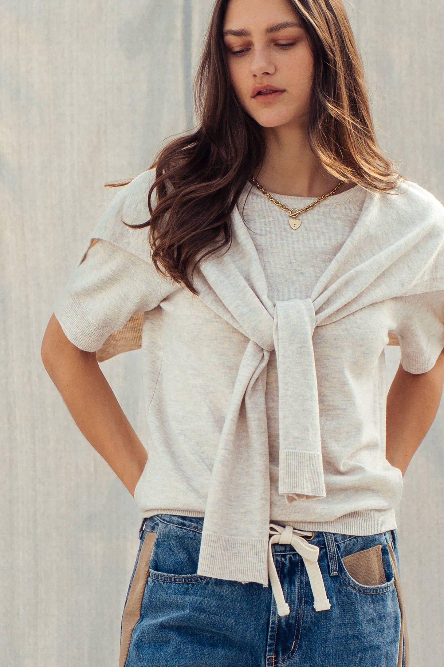 Faux Layered Tie-Front Knit Top