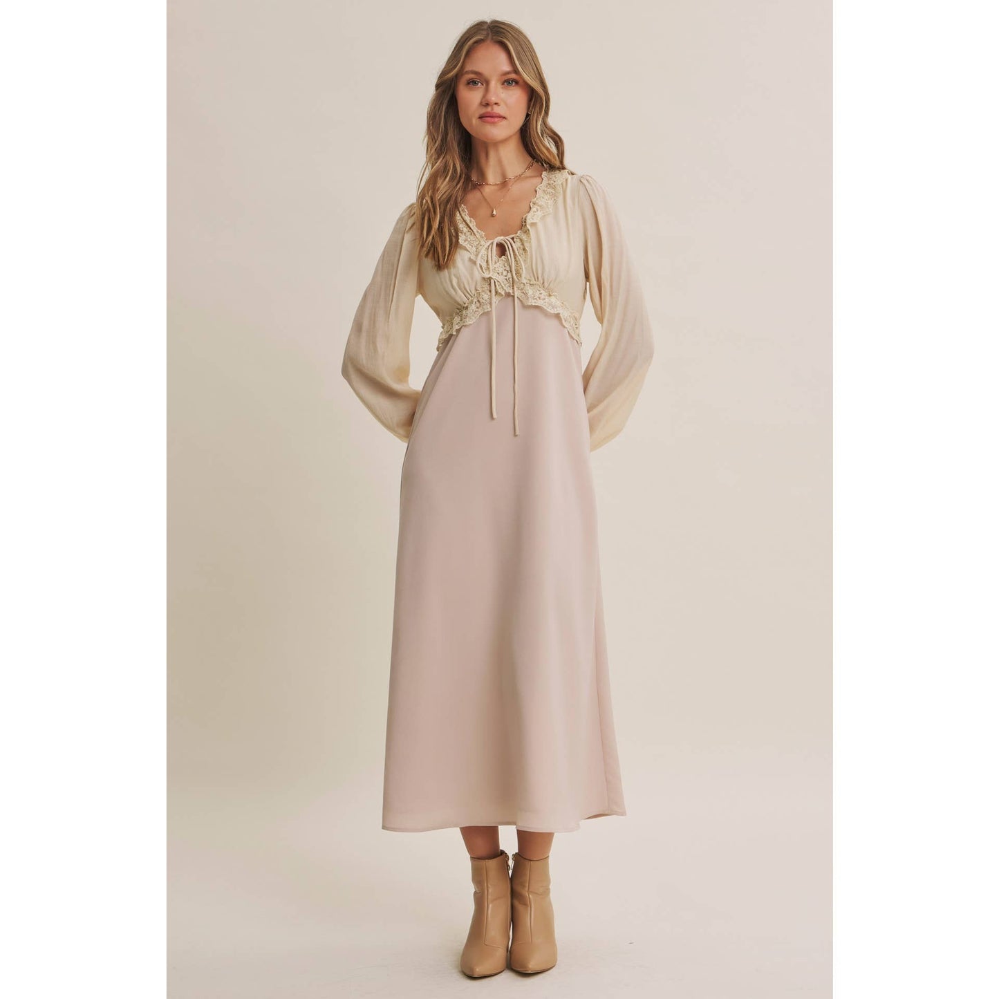Champagne Rose Soft Drape Fabric Mixed Romantic Midi Dress