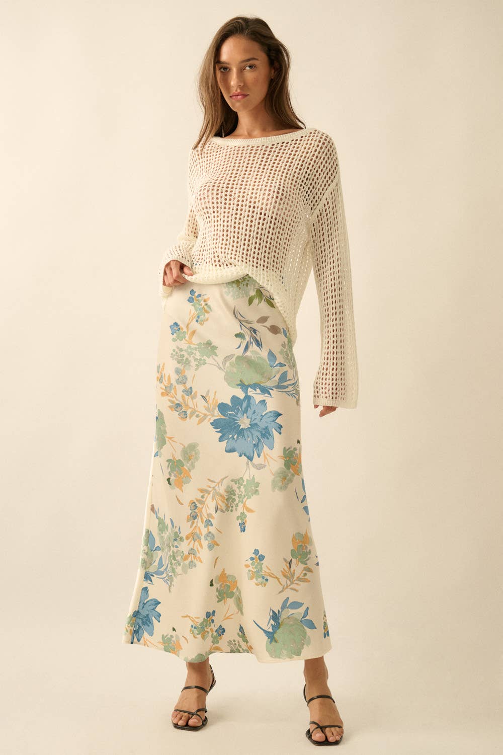 Textured Floral-Print Bias-Cut Maxi Skirt