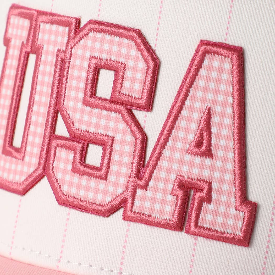 USA Gingham Embroidered Patch Pinstripe Crown Trucker Hat