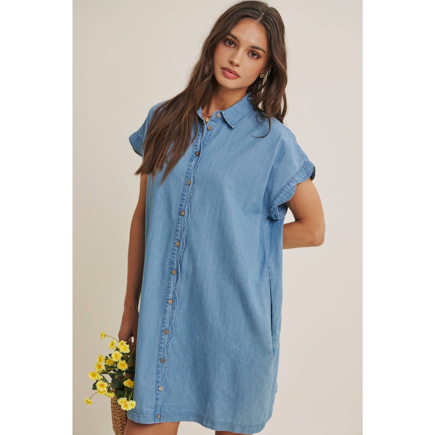 Coffee Run Washed Denim Mini Shirt Dress With Scallop Detail