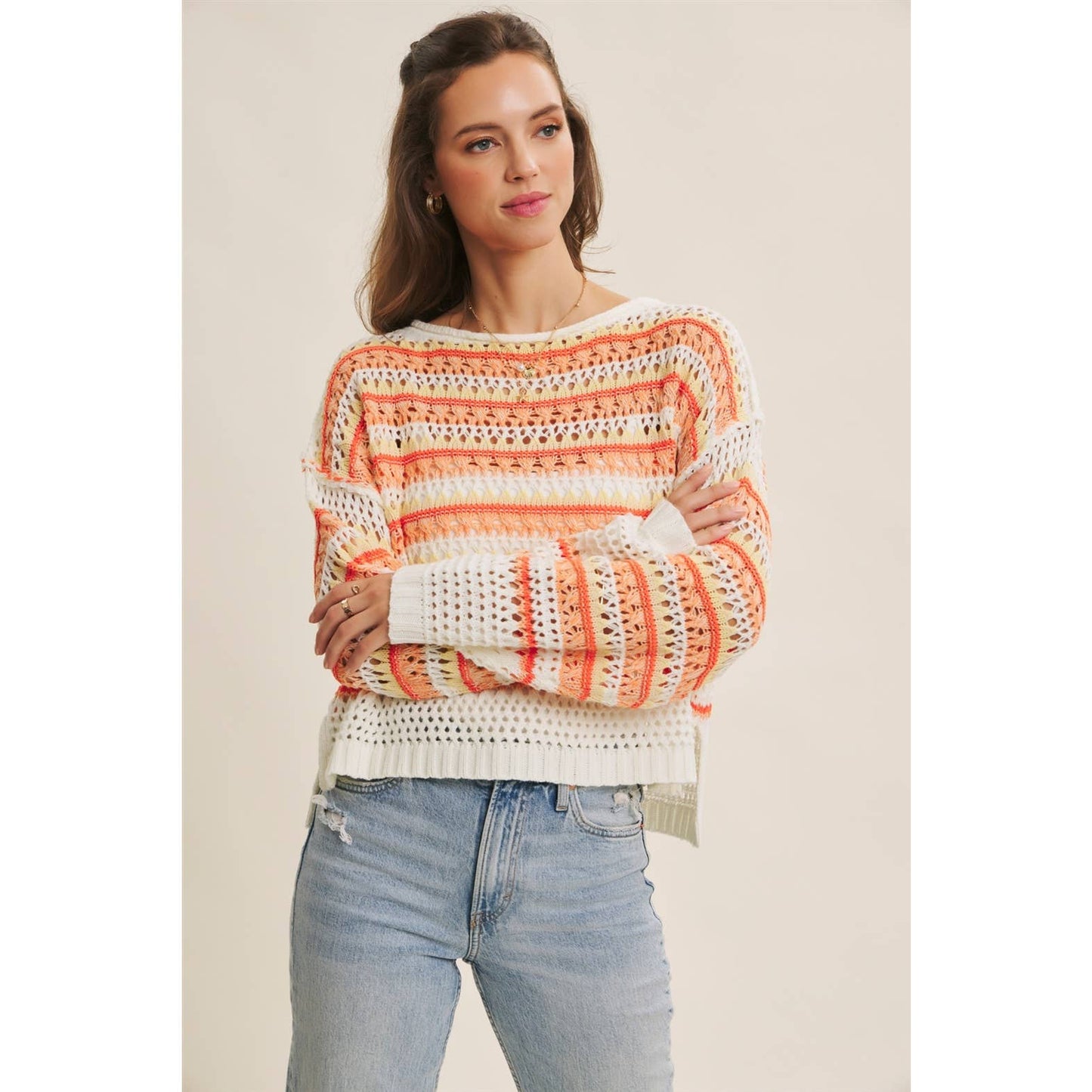 BRIGHT VIBRANT MULTI STRIPE LOOSE FIT CROCHET SWEATER TOP