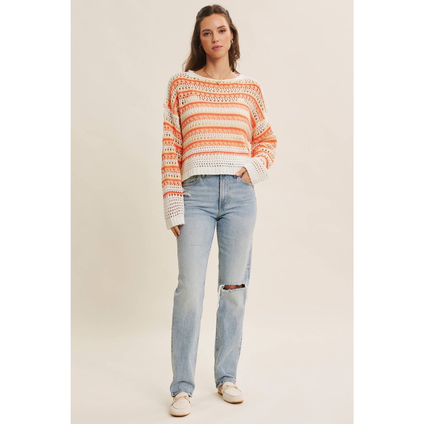 BRIGHT VIBRANT MULTI STRIPE LOOSE FIT CROCHET SWEATER TOP