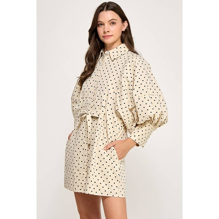 Statement Sleeve Mini Shirt Dress (Polka Dot)