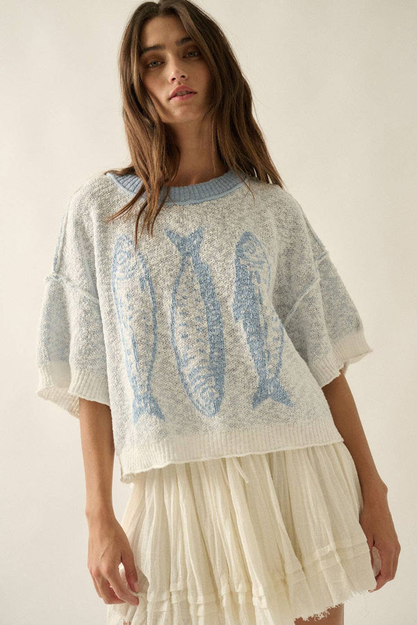 Three Fishes Textured Jacquard-Knit Short-Sleeve Sweater