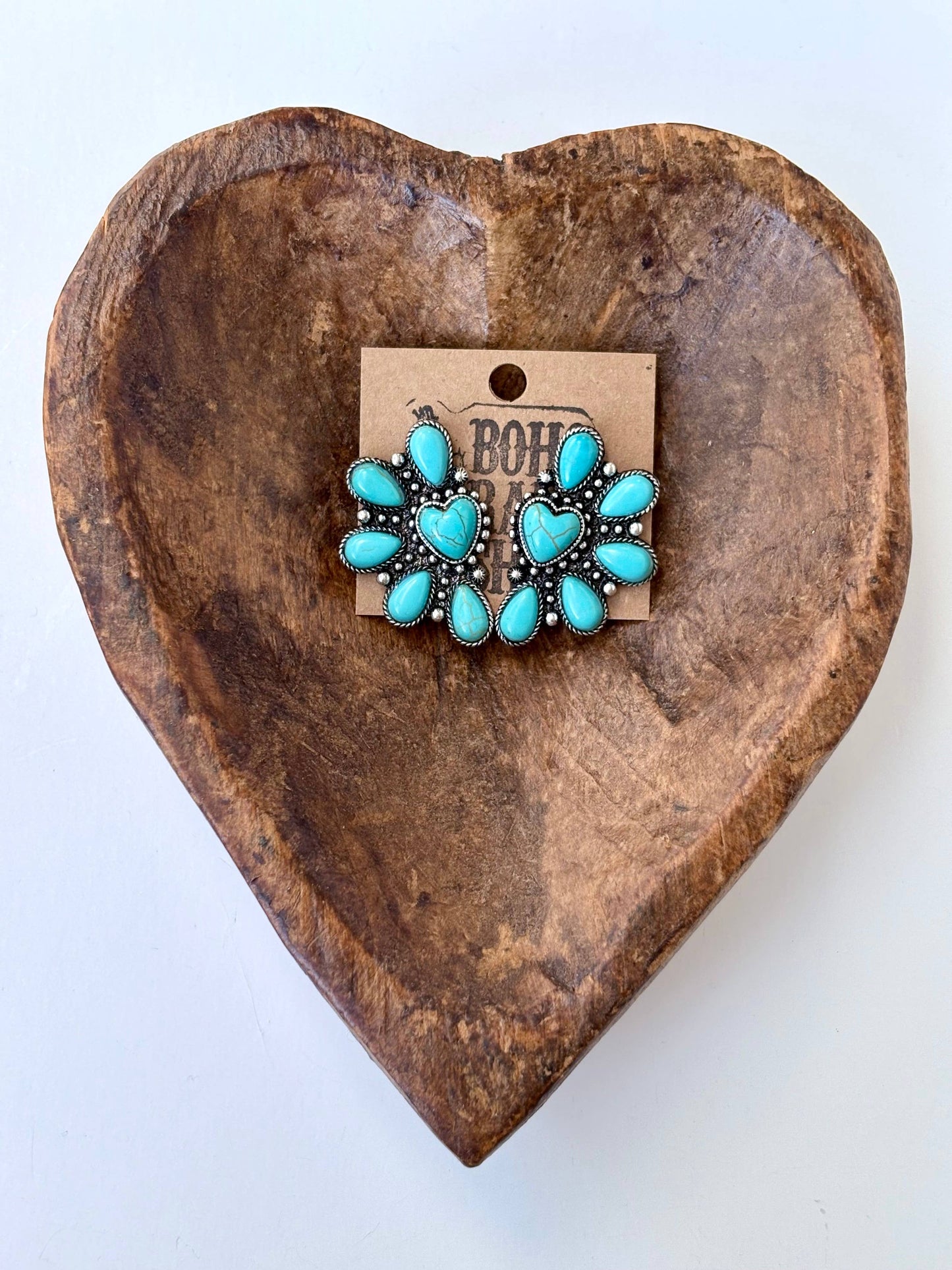 Western Heart Squash Blossom Turquoise Stone Stud Earrings