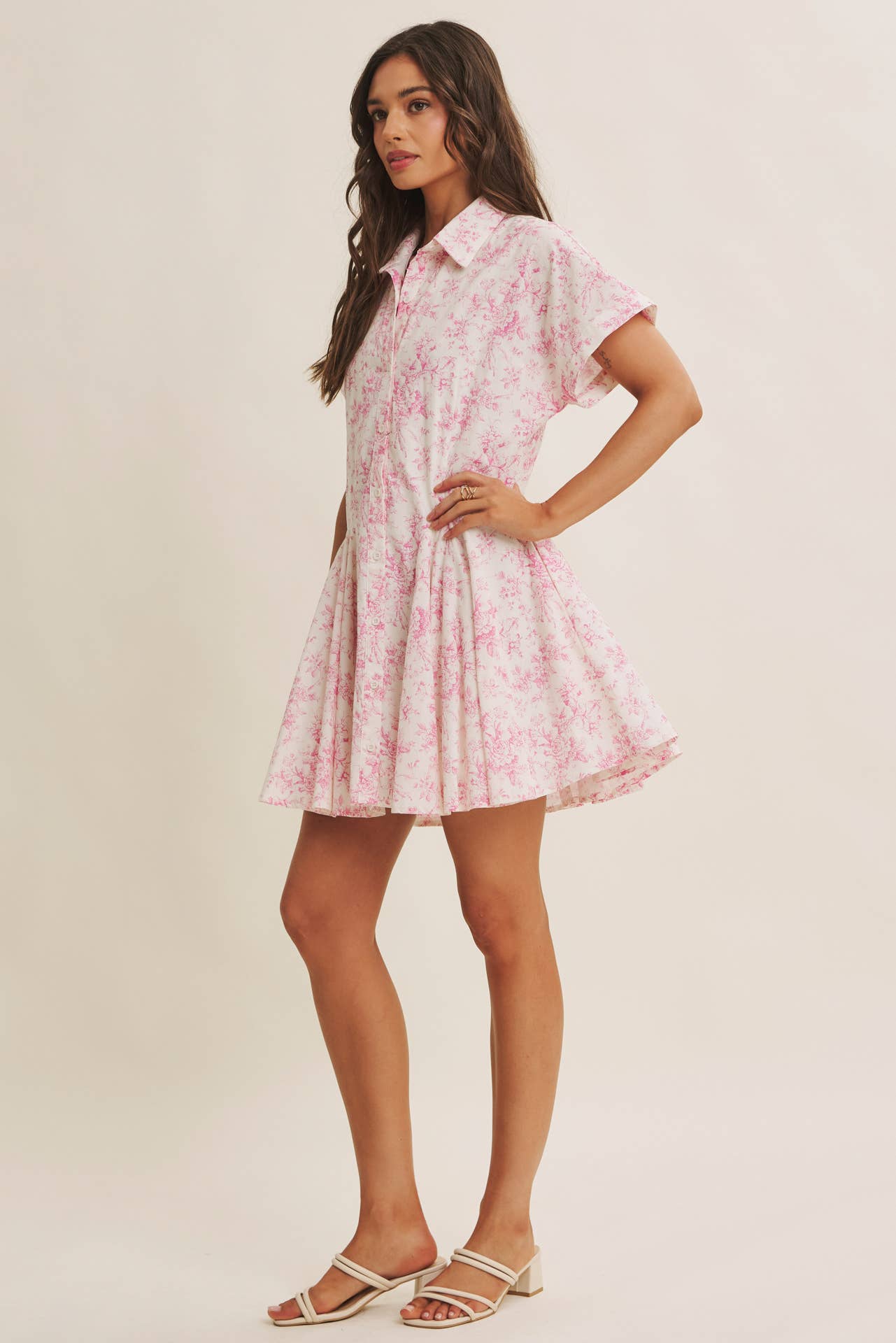 French Garden Toile Button-down Mini Dress With Dolman