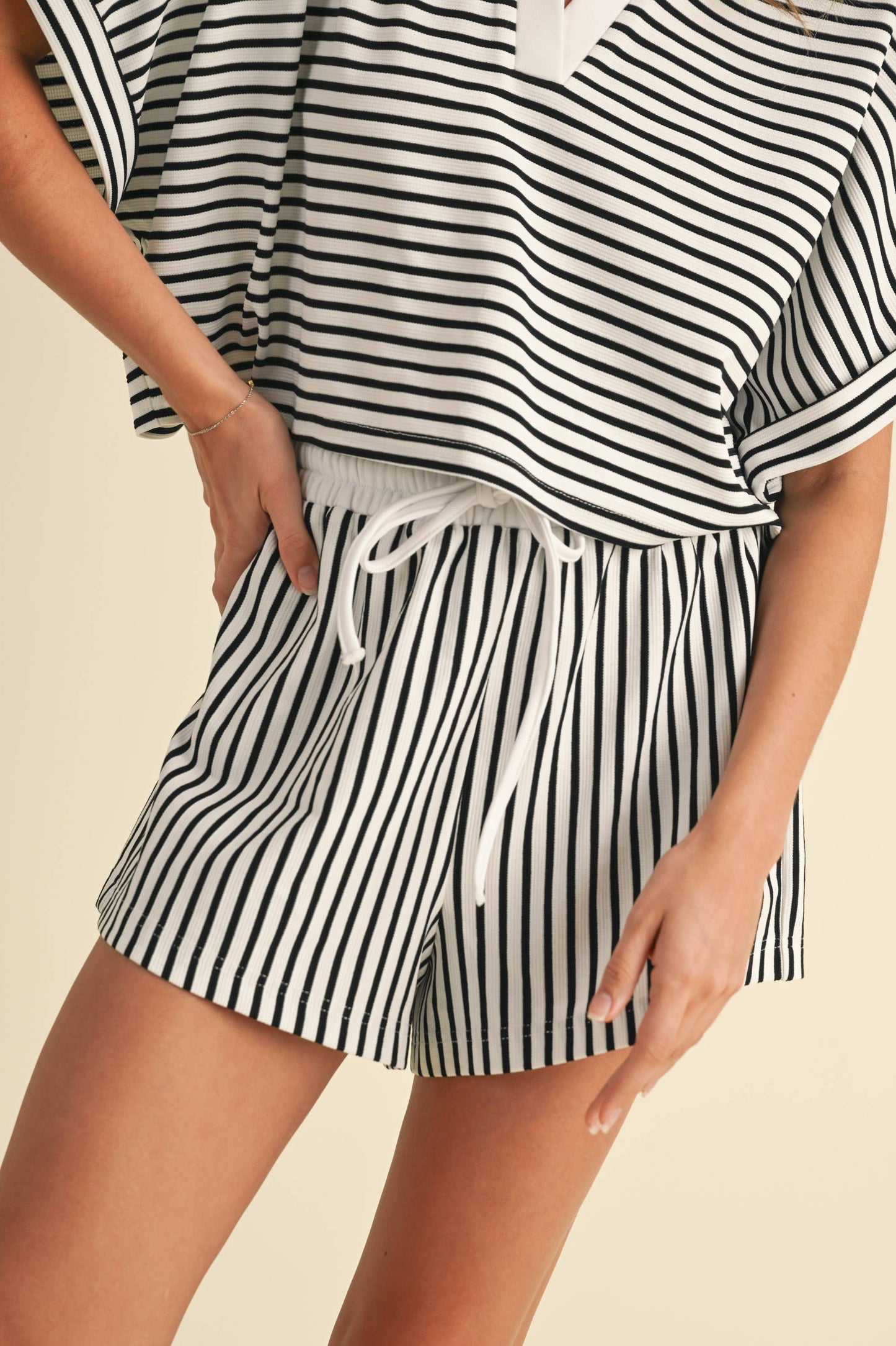 Knitted Striped Cropped Shirt and Shorts Set