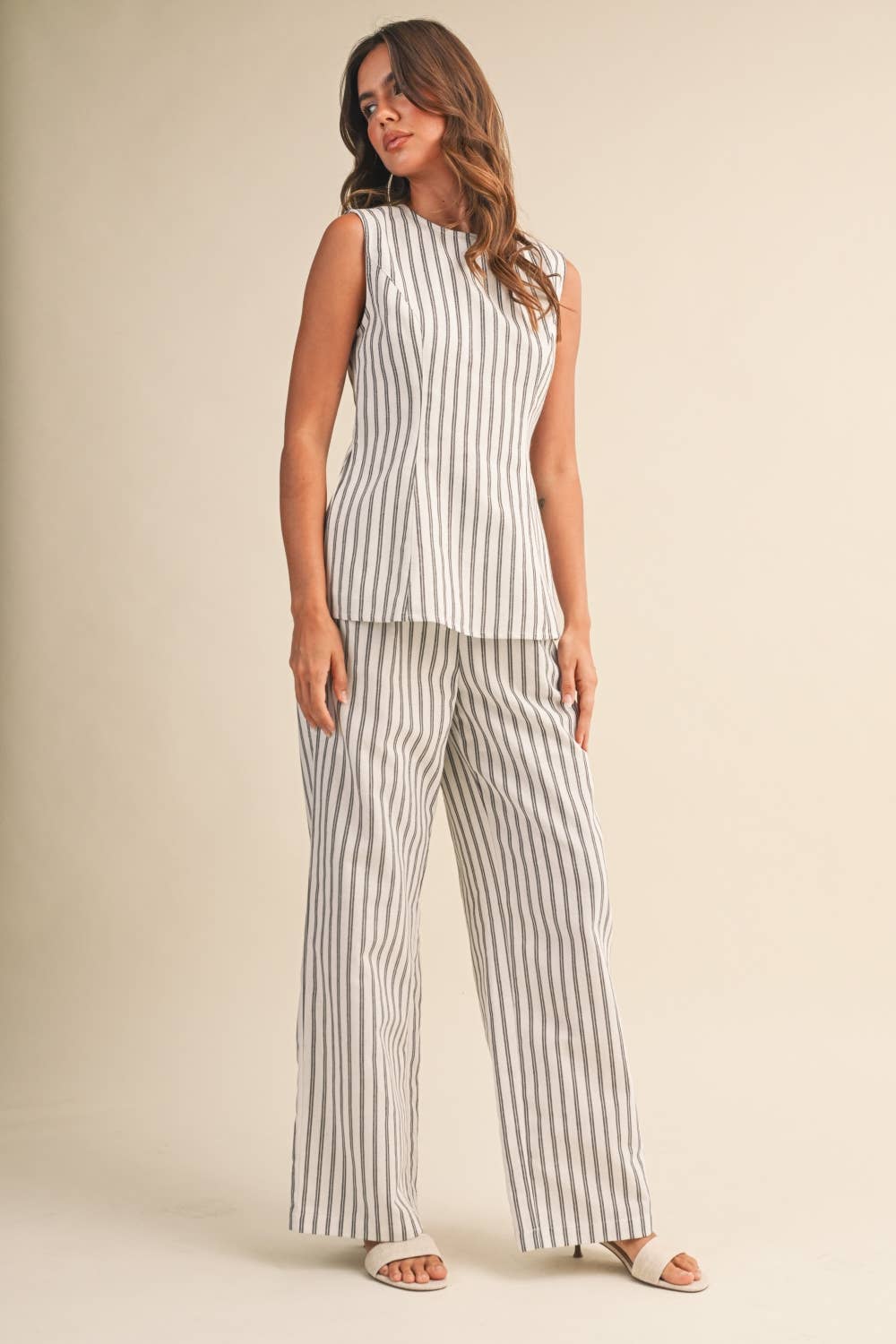 STRIPE PEPLUM SLEEVELESS TOP AND TROUSERS