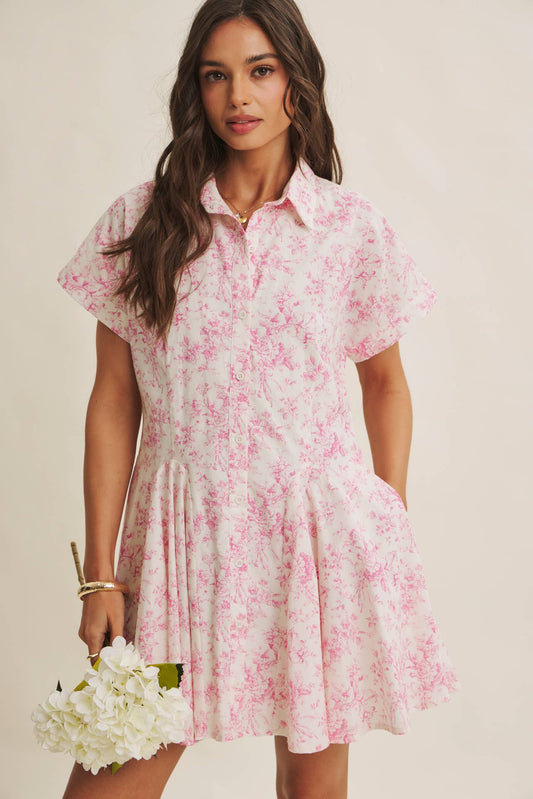 French Garden Toile Button-down Mini Dress With Dolman
