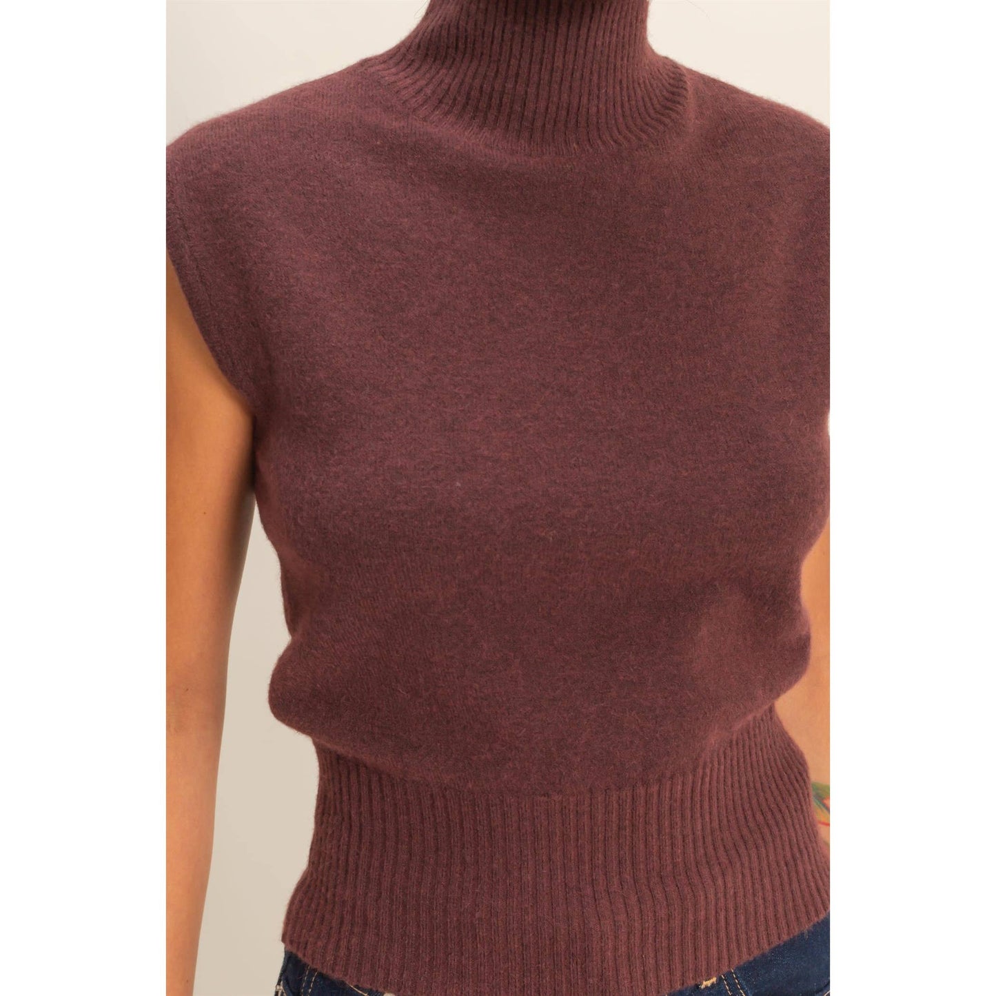 high neck sleeveless knit top