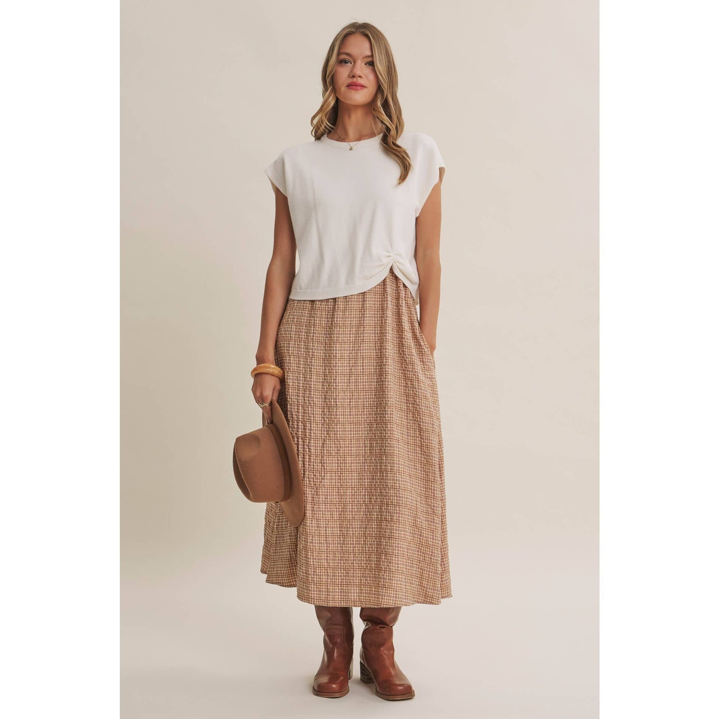 COUNTRY ROADS Gingham Bow Back Twofer Sweater Midi Dress