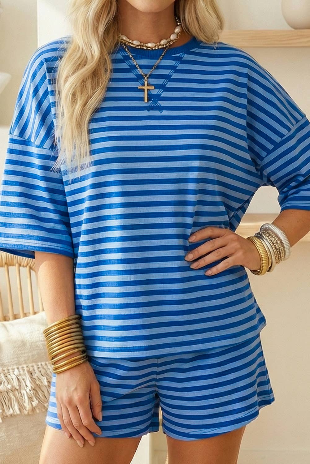 Striped Short Sleeve Top and Shorts Lounge Set