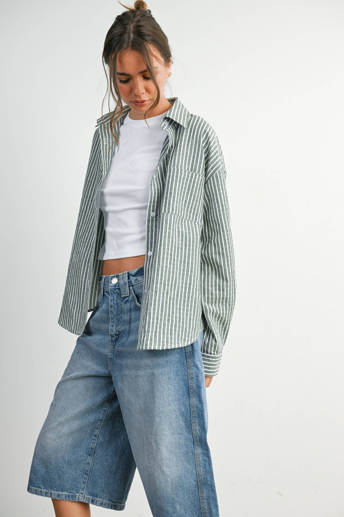 Cropped Striped Button-Up Collared Long Sleeve Top