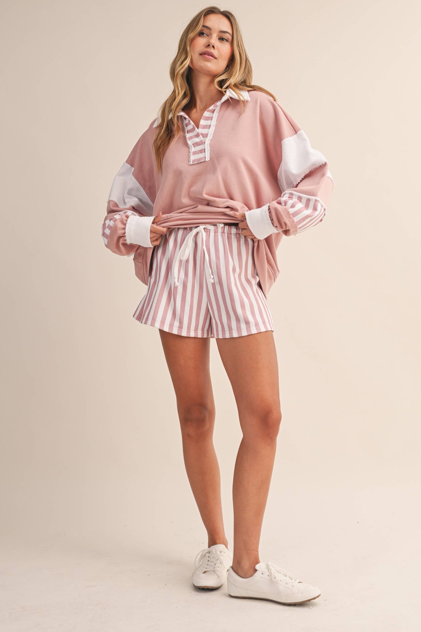 Striped Contrast Collared Sweatshirt and Shorts Set