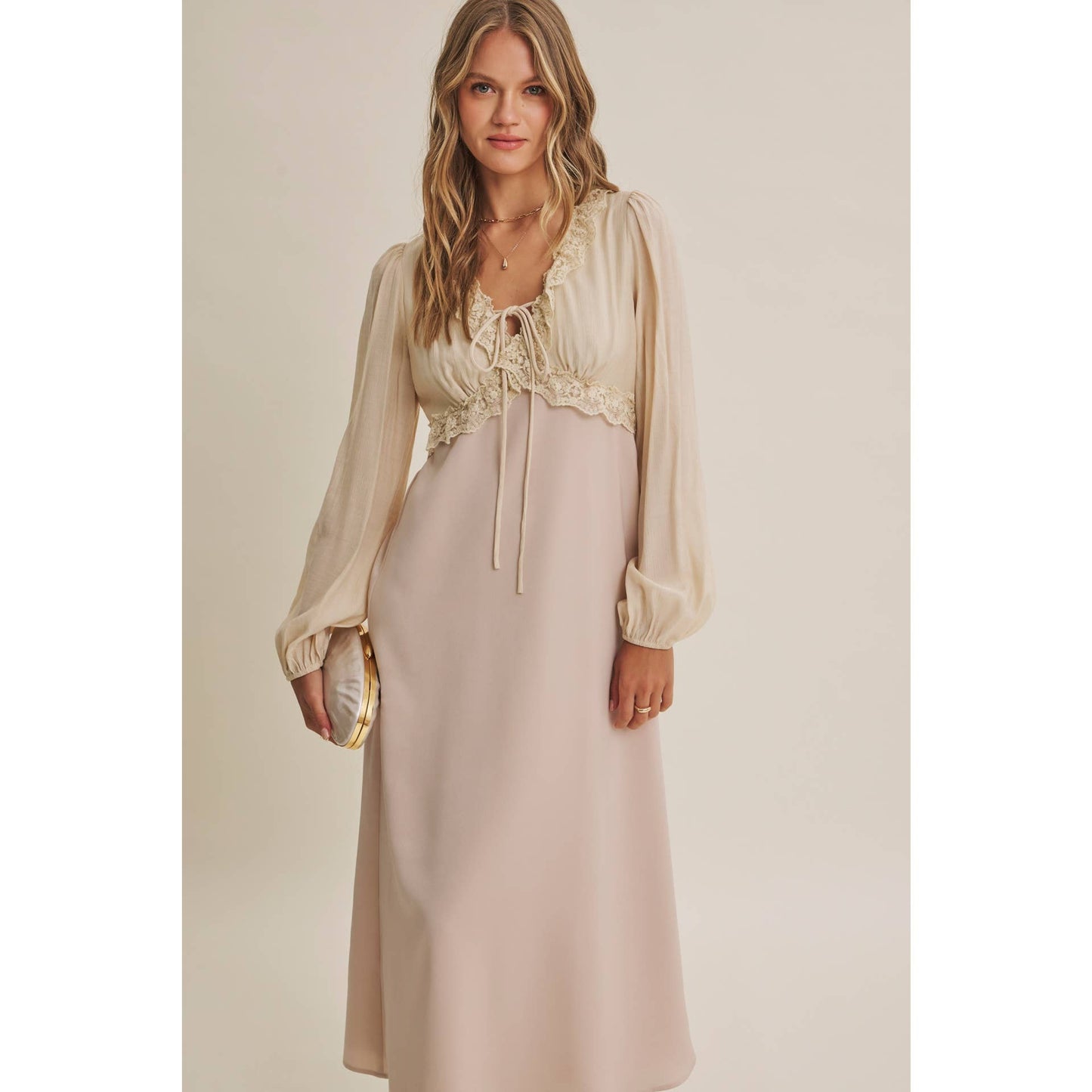 Champagne Rose Soft Drape Fabric Mixed Romantic Midi Dress