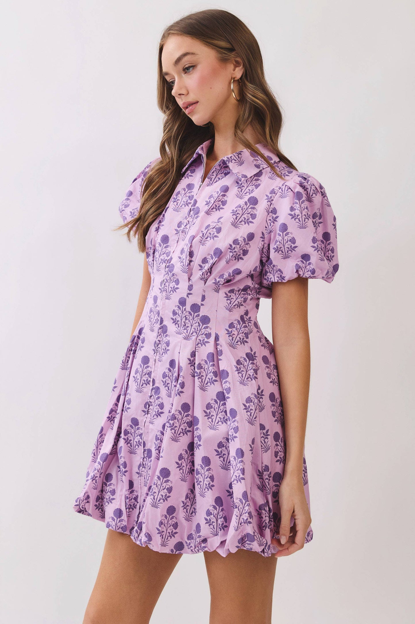 Floral Print Puff Sleeve Bubble Hem Mini Dress