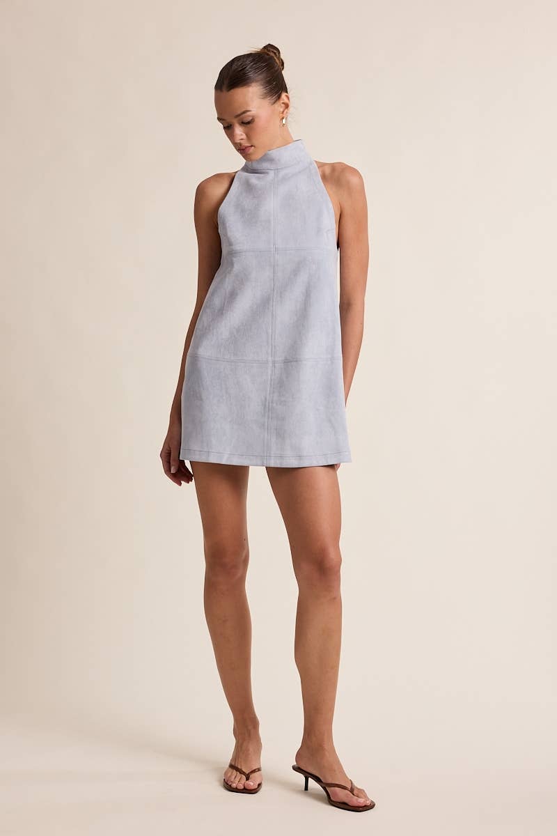 SUEDE SOLID COLOR MOCK NECK PLAIN MINI DRESS