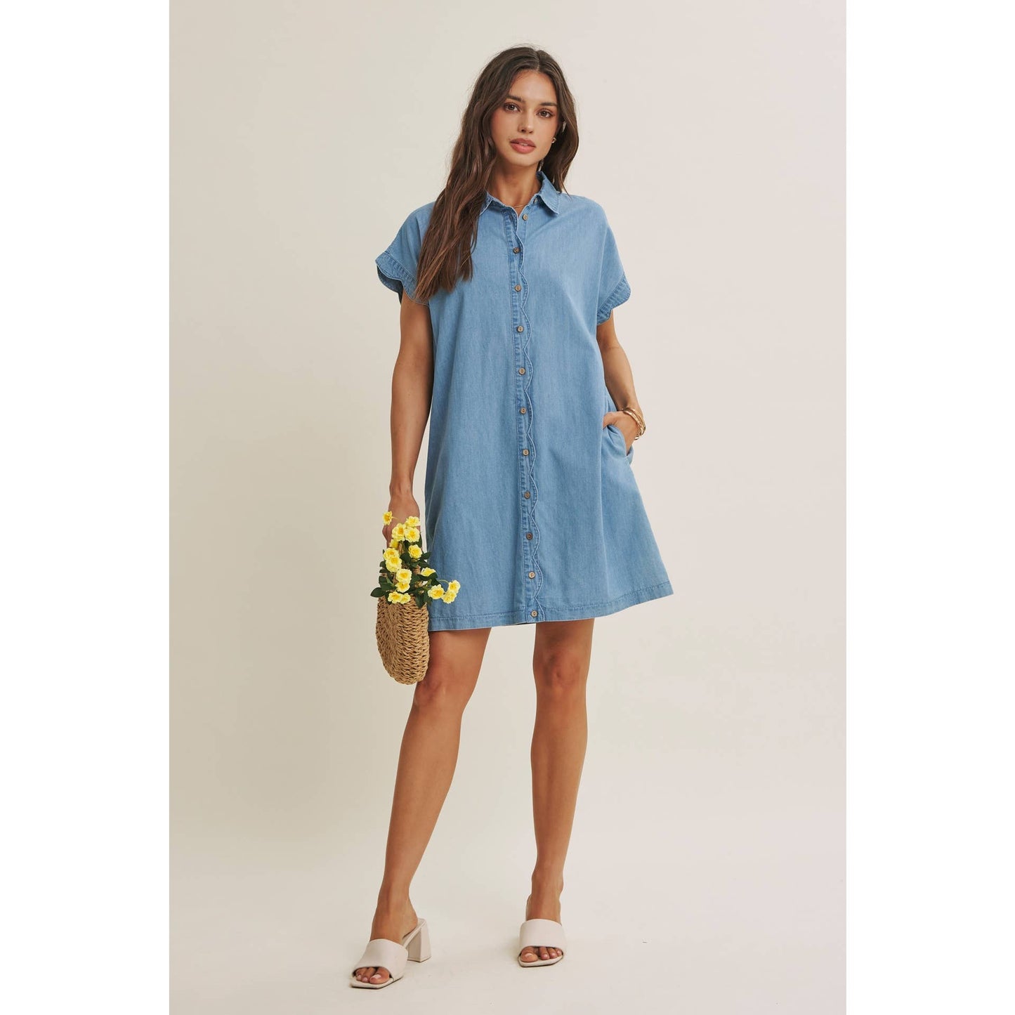 Coffee Run Washed Denim Mini Shirt Dress With Scallop Detail