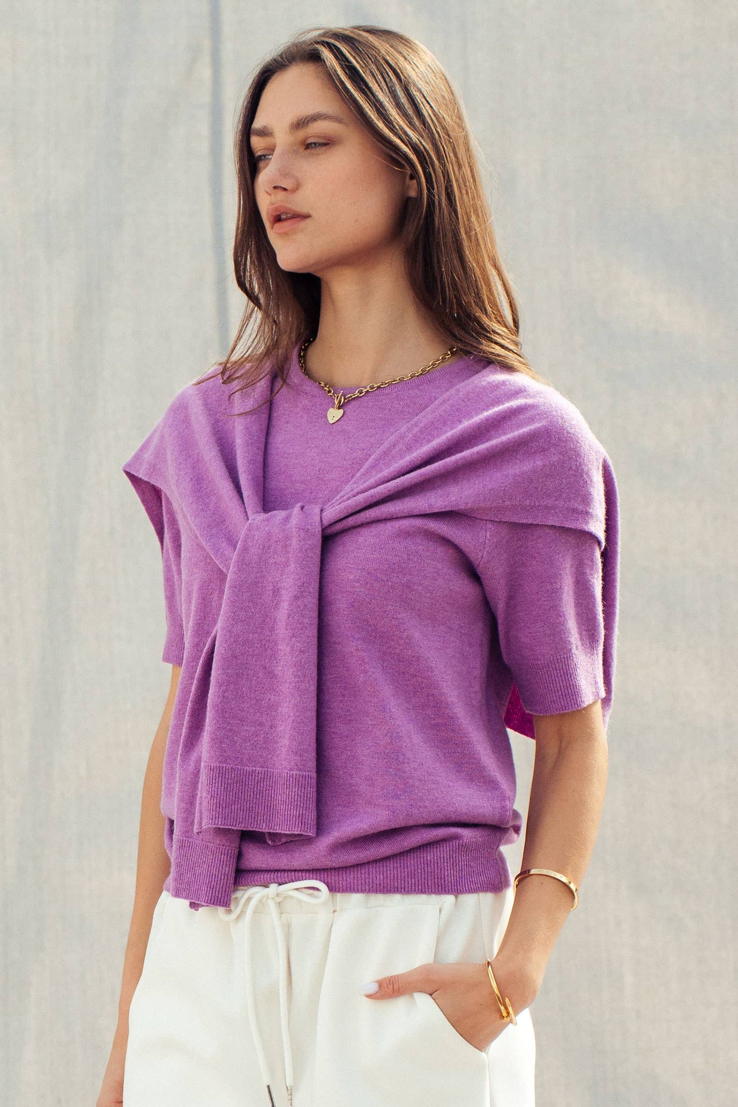 Faux Layered Tie-Front Knit Top