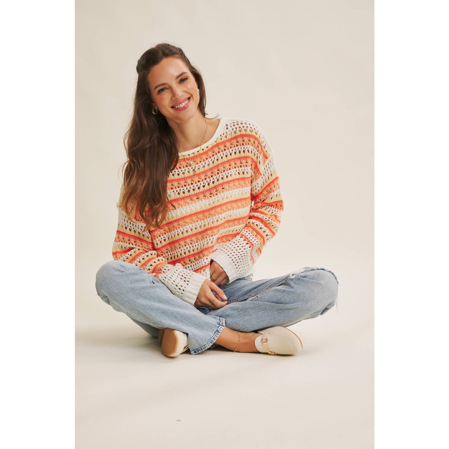 BRIGHT VIBRANT MULTI STRIPE LOOSE FIT CROCHET SWEATER TOP