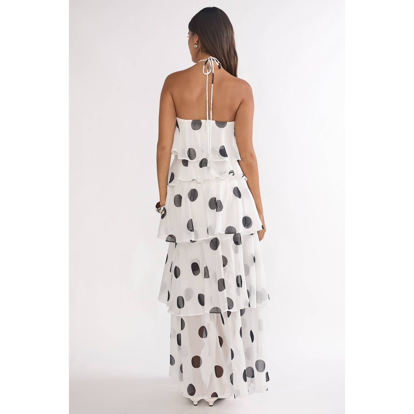 Halter Polka Dot Tiered Maxi Dress