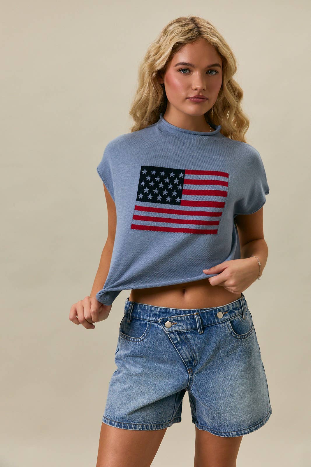 Drop Shoulder Mock Neck "USA Flag" Graphic Sweater
