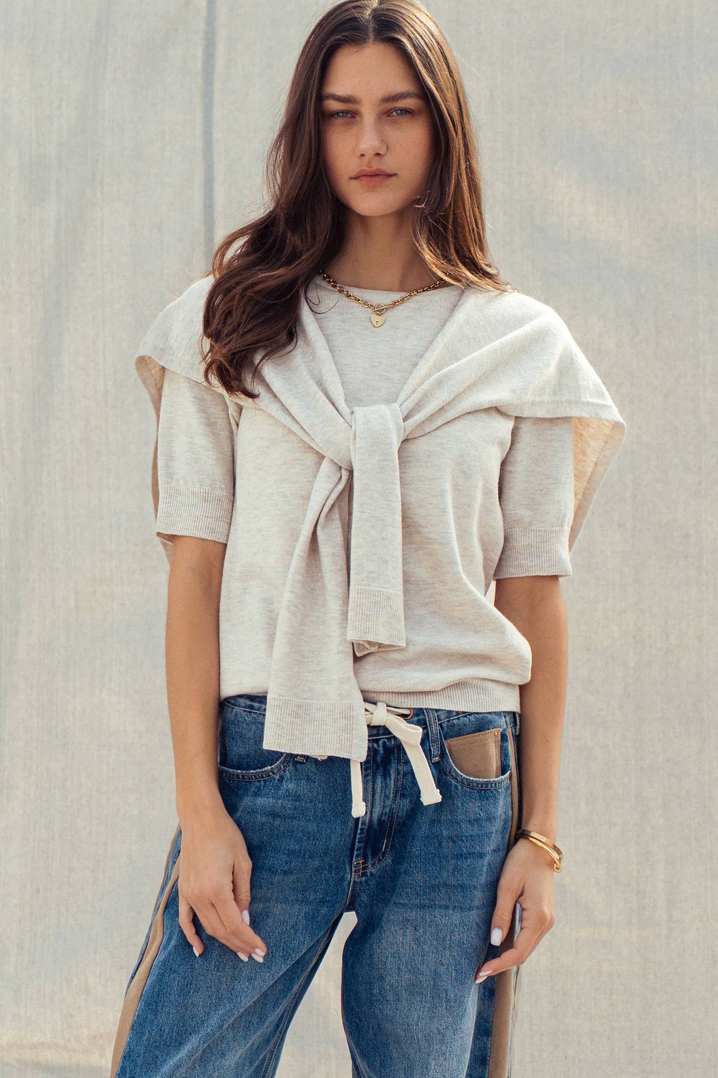 Faux Layered Tie-Front Knit Top