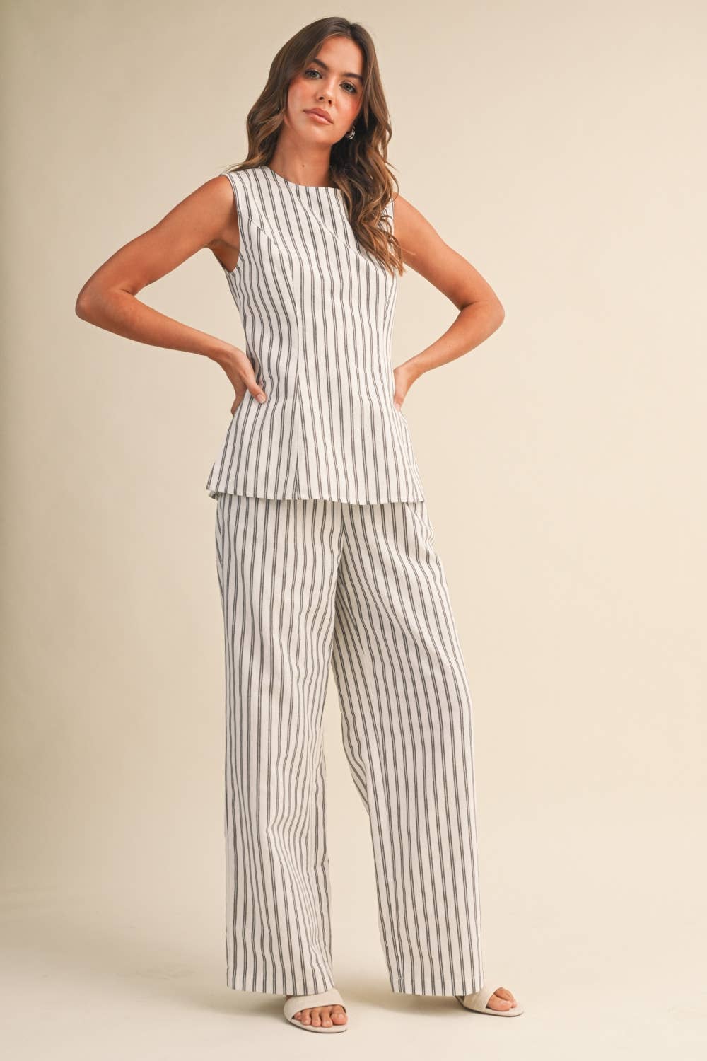 STRIPE PEPLUM SLEEVELESS TOP AND TROUSERS