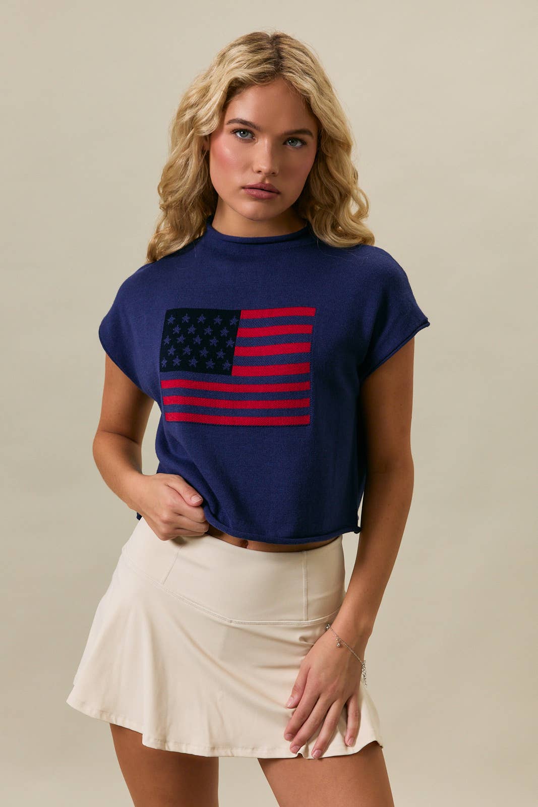 Drop Shoulder Mock Neck "USA Flag" Graphic Sweater