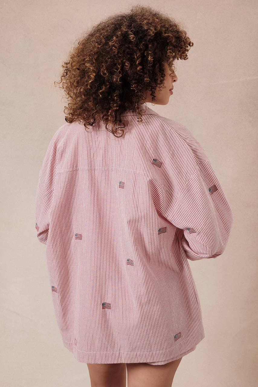 Stripe Flag Embro Oversized Button Down Shirt
