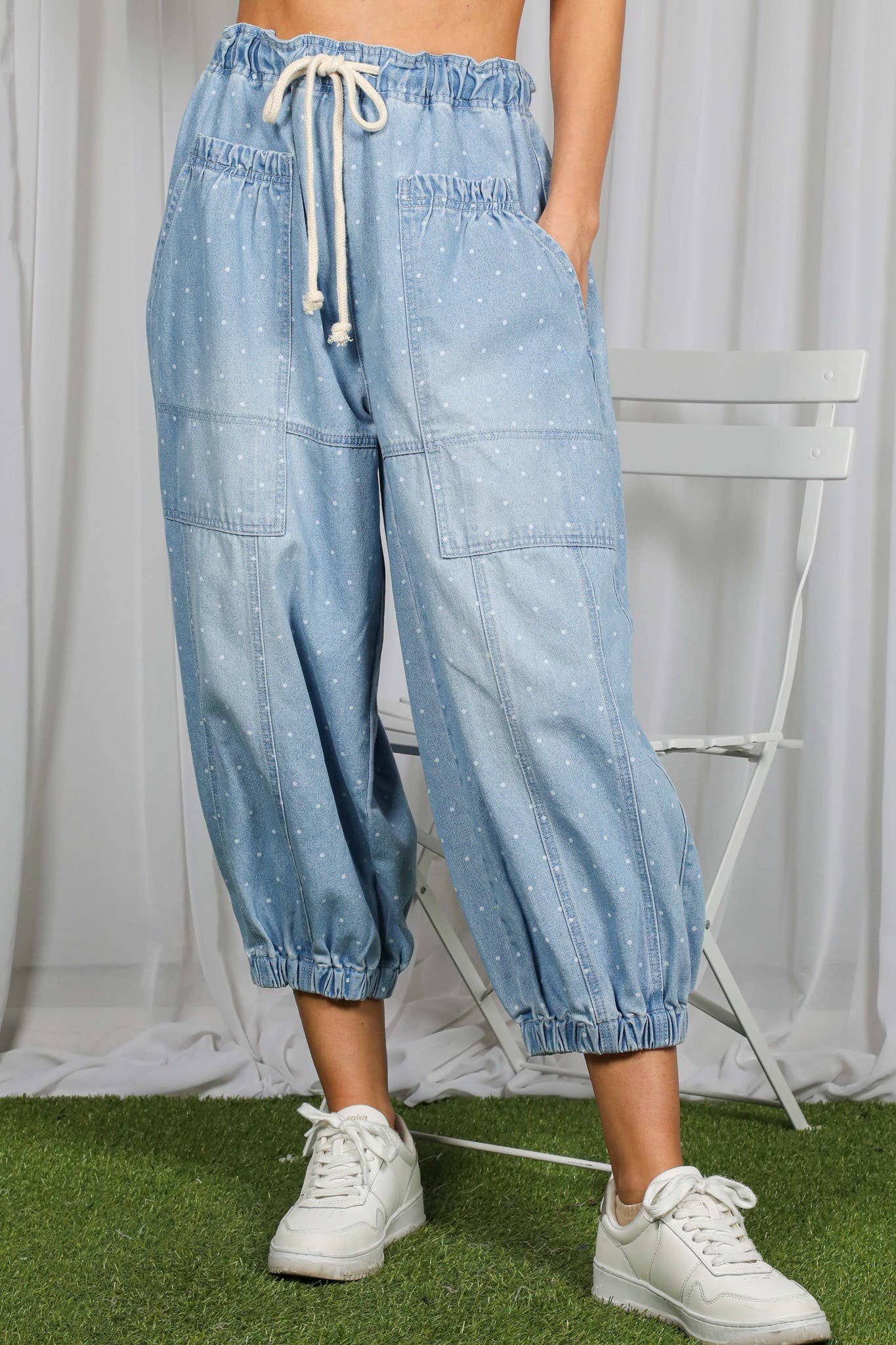 Polka Dot Casual Patch Pocket Crop Barrel Jeans