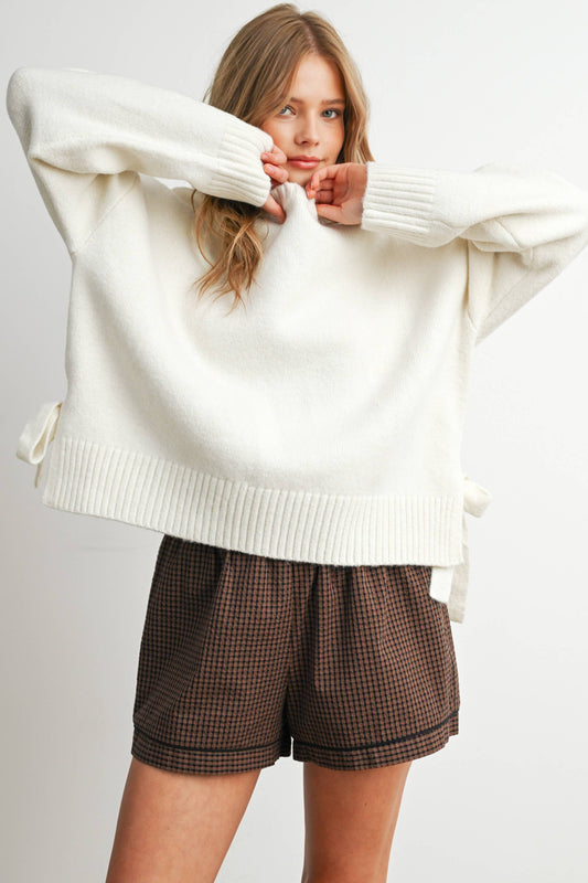 Tie Split-Hem Crewneck Long Sleeve Top