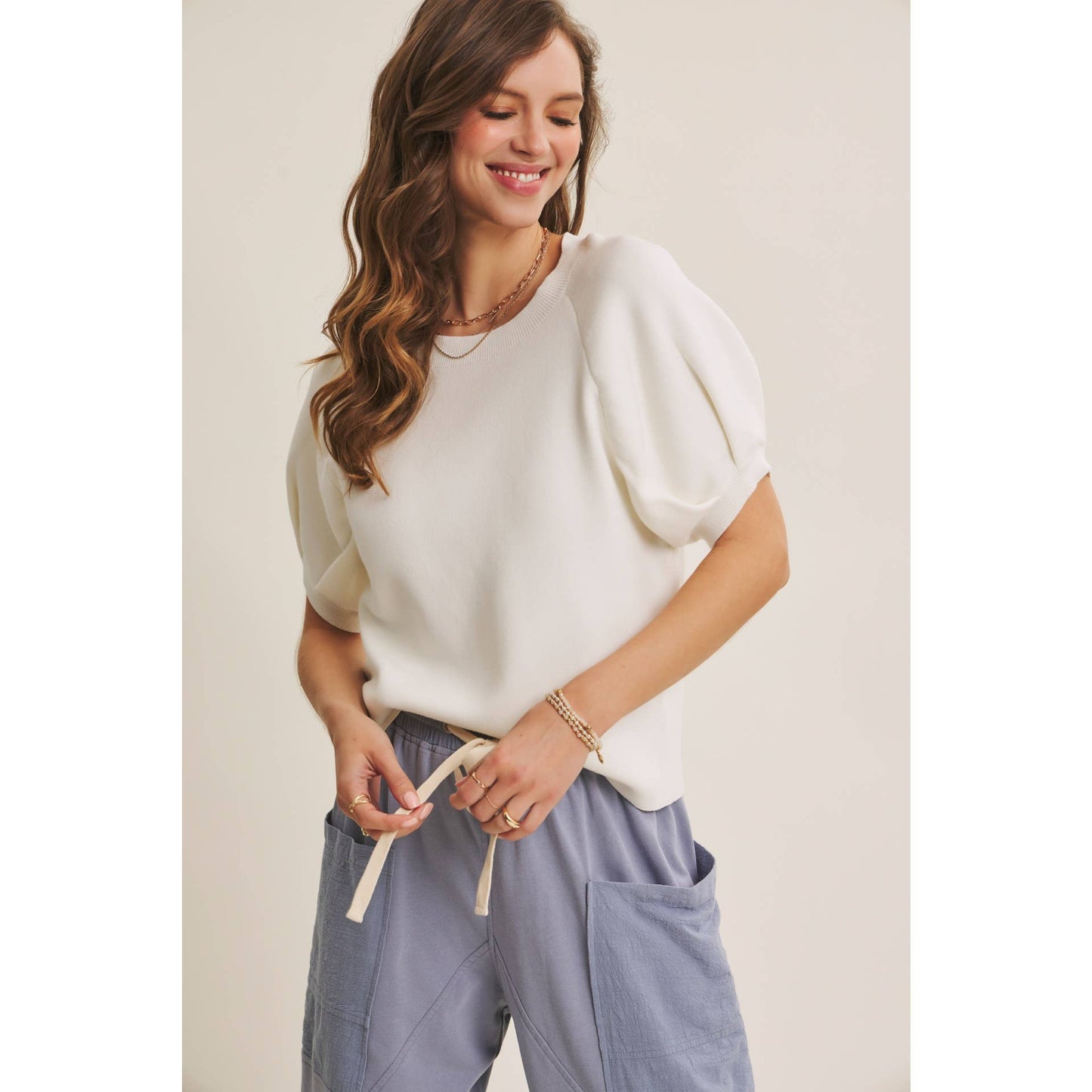 Easy Volume Movement Breathable Cotton Sweater With Puff