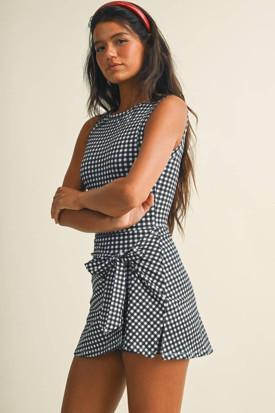 Gingham Print Sleeveless Wrap Tie Front Dress