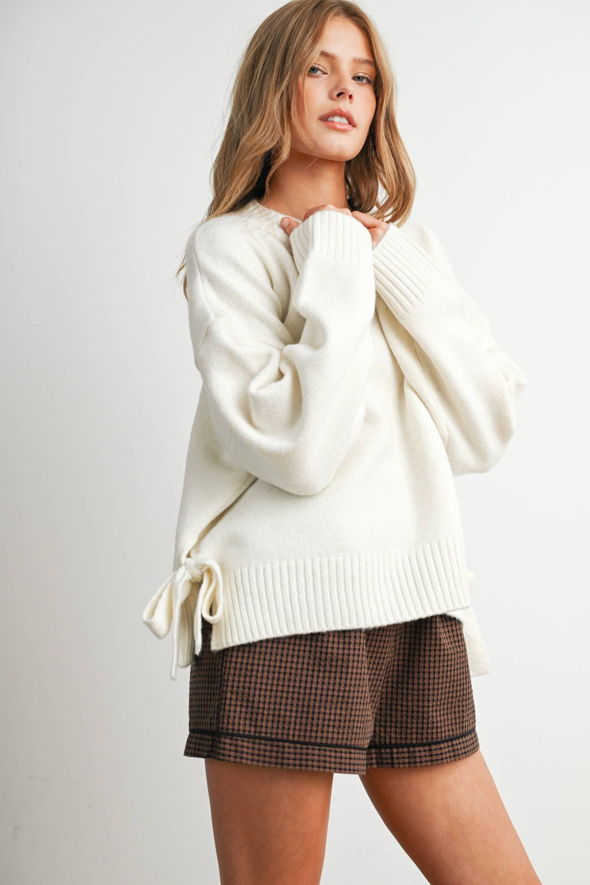 Tie Split-Hem Crewneck Long Sleeve Top