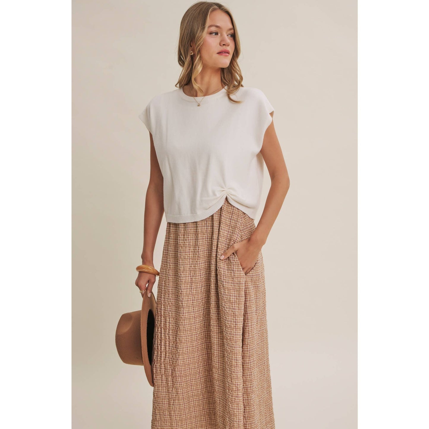 COUNTRY ROADS Gingham Bow Back Twofer Sweater Midi Dress