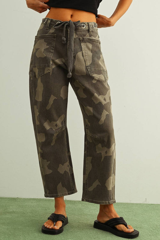 Camouflage Barrel Leg Belt Pants (Miou Muse)