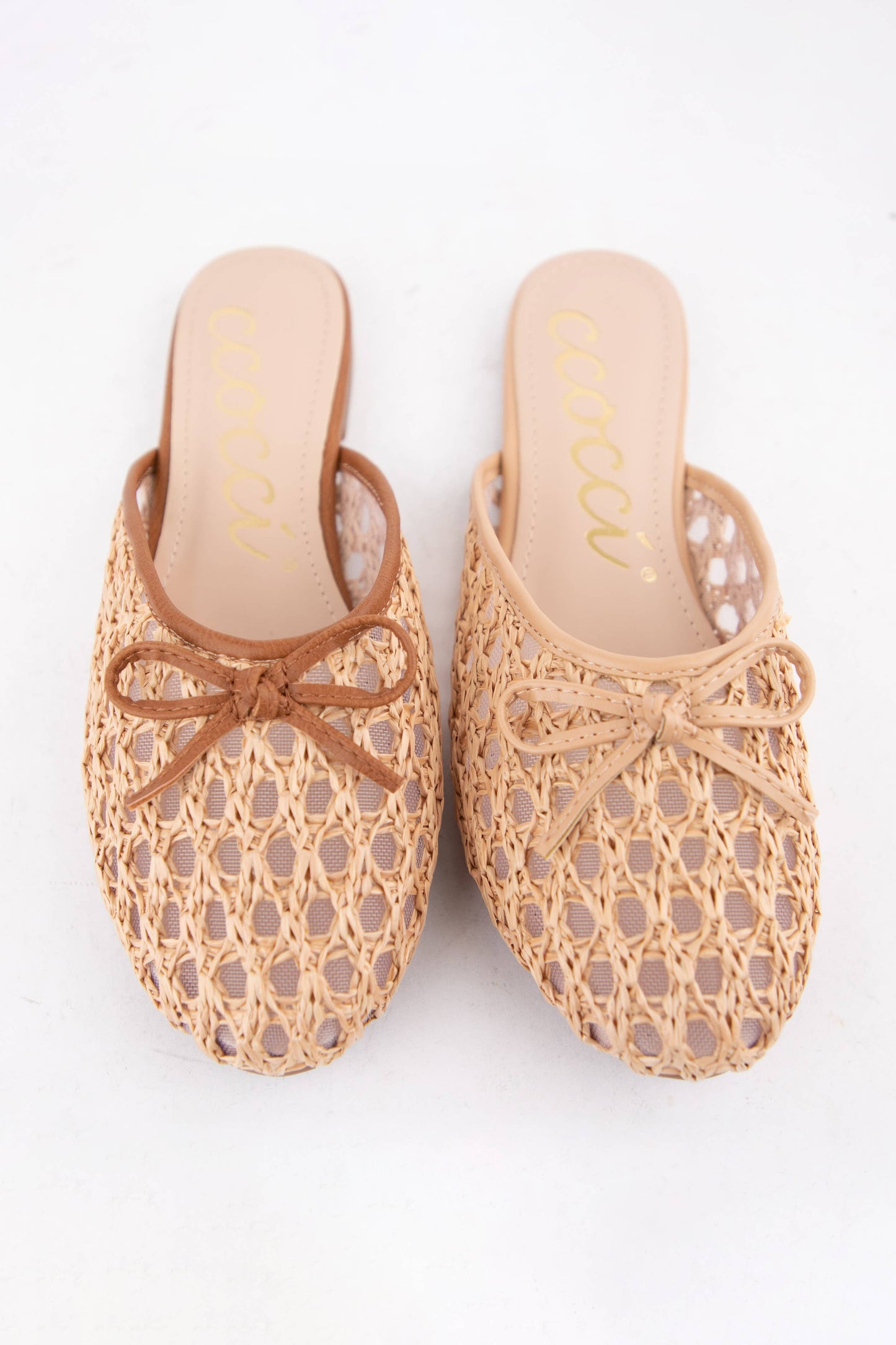 SOLENE Woven Raffia Mule Flats Bow Detail Mesh Lined Slides