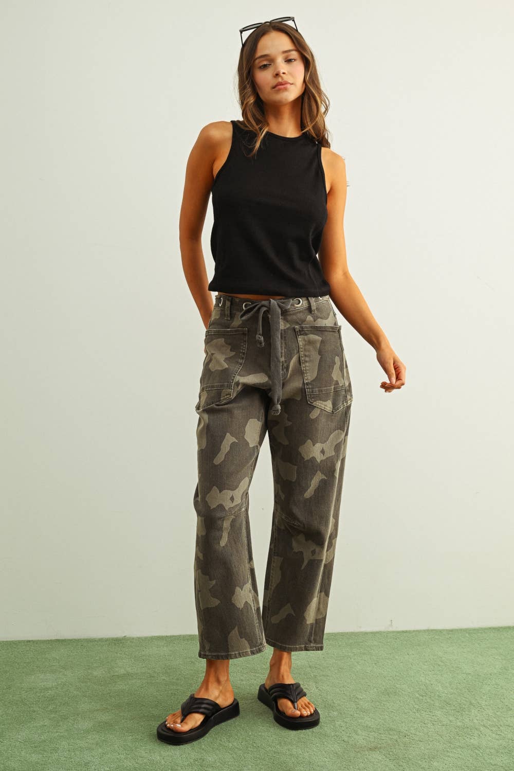 Camouflage Barrel Leg Belt Pants (Miou Muse)