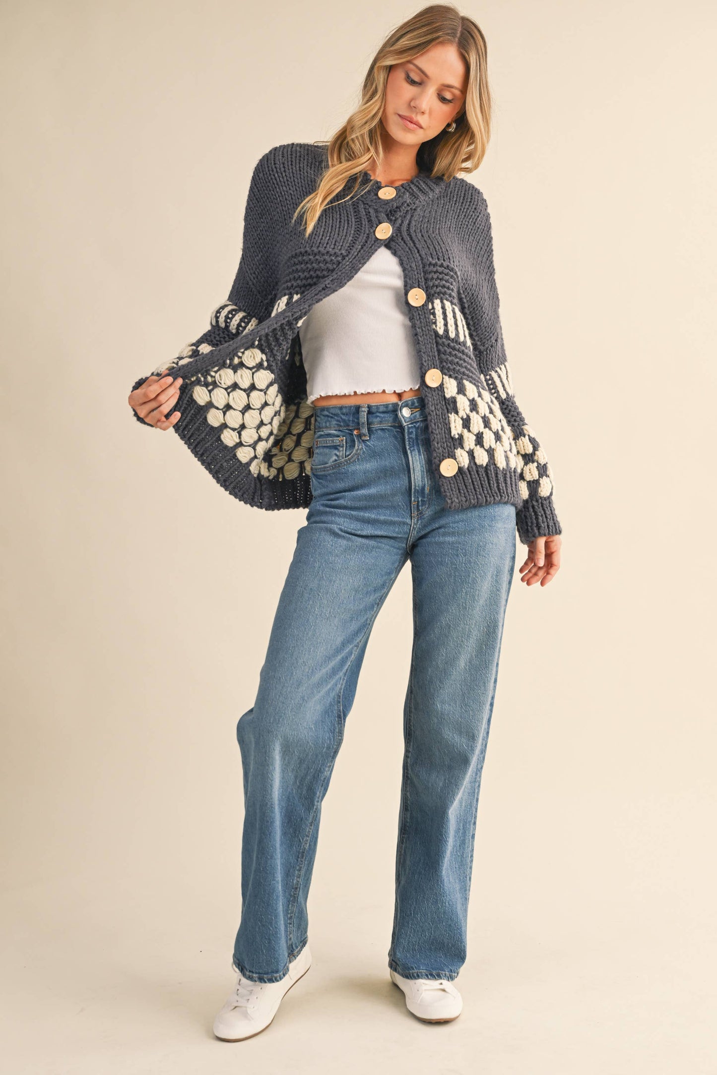 checkered pattern chunky knit cardigan